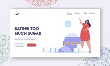 Aşırı dozda glikoz yeme sorunu, şeker tüketimi, Bağımlılık İniş sayfası şablonu. Koca Şeker Kasesi 'nde Şişman Kadın