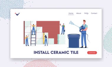 Minik İşçi Karakterleri Büyük Seramik İniş Sayfası Şablonu Hazırlıyor. İnşaat ve Ev Yenileme İşleri