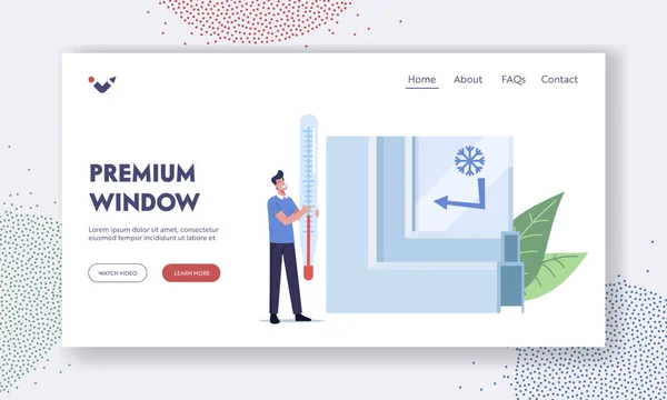 Premium Window Landing Page Template. Tiny Male Character with Huge Thermometer at Pvc Profile Presenting Plastic Glass — Stock Vector