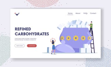 Şeker tüketimi, Bağımlılık İniş Sayfası Şablonu. Minik Erkek Karakteri Şeker Küpünü Büyük Kasedeki Yığının Üzerine Koydu