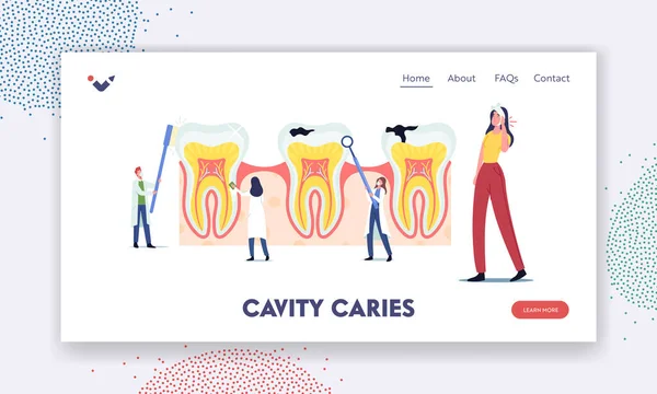 Stomatologie, Tandheelkunde Landing Page Template. Kleine tandartsen schoonmaken, behandelen van enorme ongezonde tanden met Caries Cavity — Stockvector