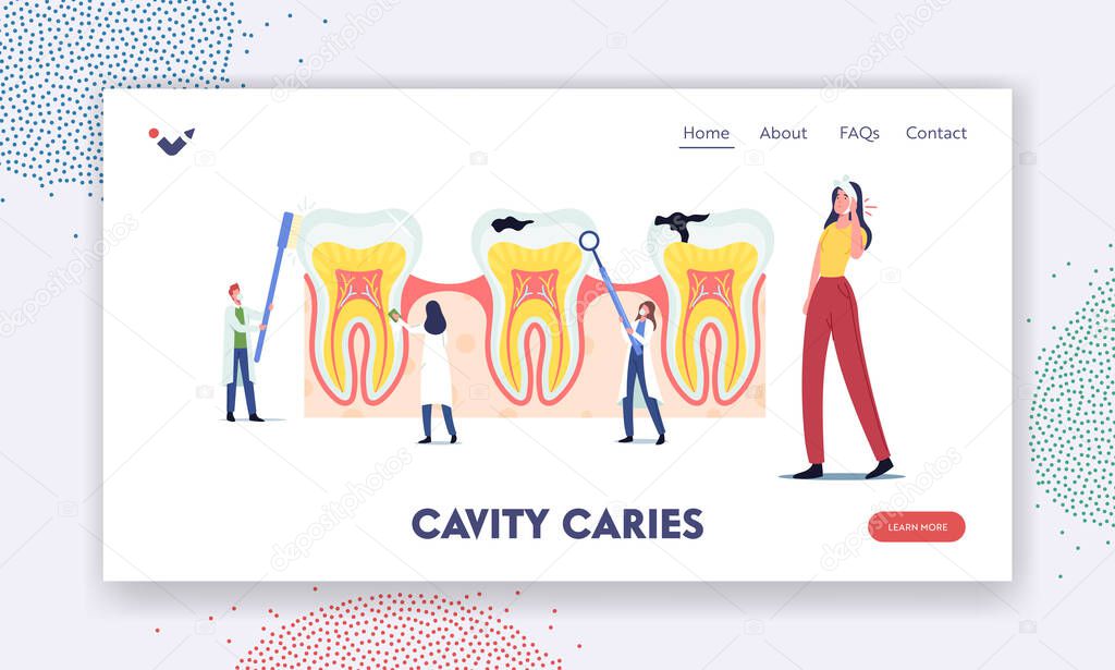 Stomatology, Dentistry Landing Page Template. Tiny Dentists Cleaning, Treating Huge Unhealthy Tooth with Caries Cavity