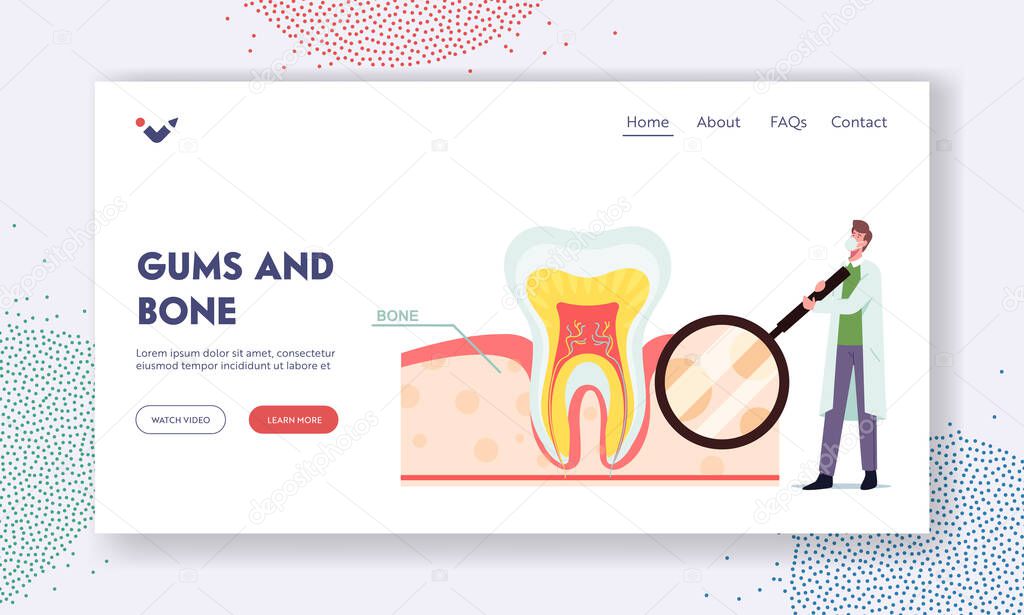 Gums and Bone Landing Page Template. Tiny Dentist Male Doctor Character with Huge Tooth Magnifier Look on Cross Section
