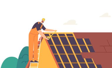 Roofer Man Konut Tadilatı. Çatı İnşaat İşçisi Karakteri Çatı Düzenleme, Tamir Evi