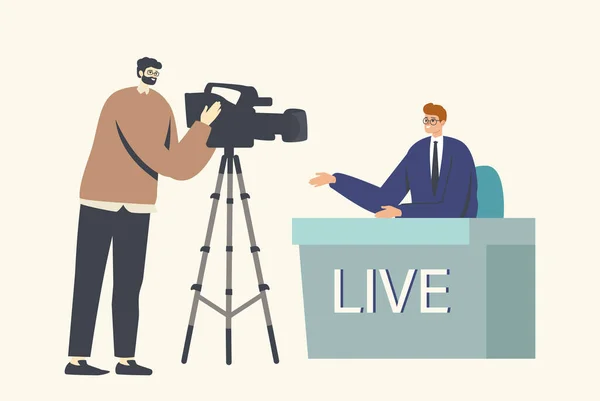 Reportage, Live Stream Broadcasting in Production Studio. Mass Media Television with Tv Presenter and Cameraman — Stock Vector