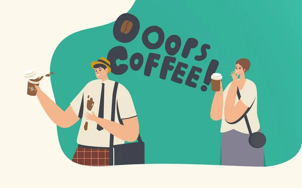 Ungeschicklichkeit, Unfall auf der Straße oder im Büro. Geschäftsmann in Schwierigkeiten mit dem Trinken Ungeschickter Charakter verschüttet Kaffee auf T-Shirt — Stockvektor