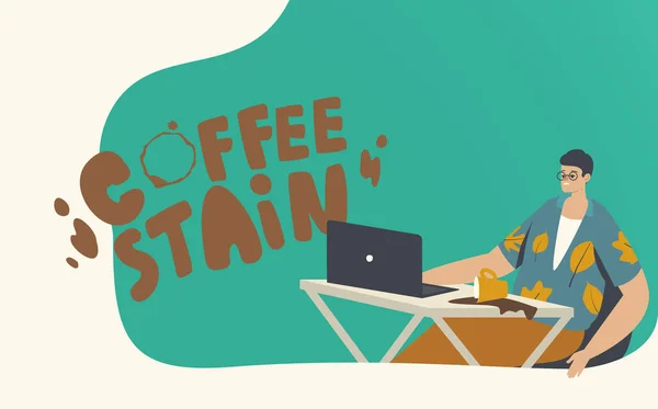 Ungeschickter Mann, der am Arbeitsplatz sitzt, verschüttet Kaffee in der Nähe von Laptop und legt Flecken auf den Schreibtisch. Ärger am Arbeitsplatz, Unordnung, Unbeholfenheit — Stockvektor