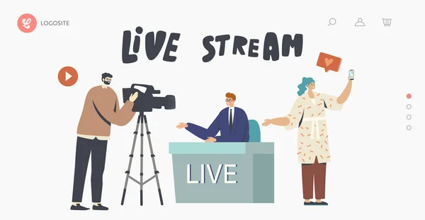 Live Stream, News Landing Page Template. Videographer Record Anchorman, Vlogger, Reporter or Journalist Sitting at Desk — Stock Vector