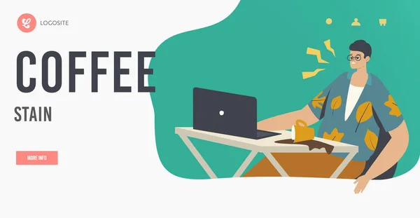 Kaffeeflecken Landing Page Template. Ungeschickte männliche Figur, die am Arbeitsplatz sitzt, verschüttet Kaffee auf Laptop. Arbeitsproblem — Stockvektor