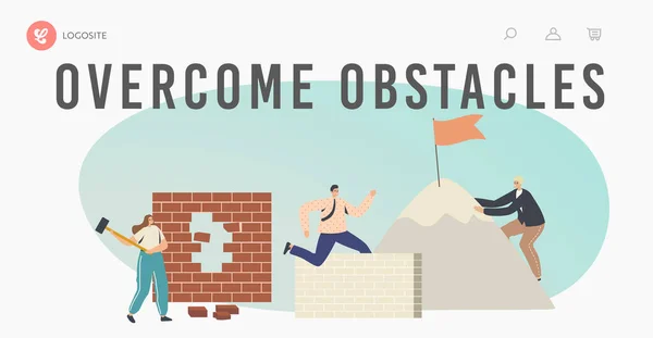 Overcome Obstacles Landing Page Template. Characters Developing Skills, Climbing on Rock Peak, Jump Over Barriers — Stock Vector