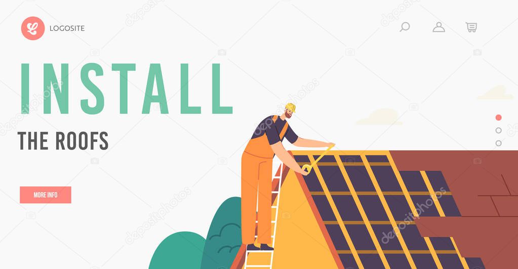 Roof Installation Landing Page Template. Roofer Residential Building Renovation. Roof Construction Worker Tiling Rooftop