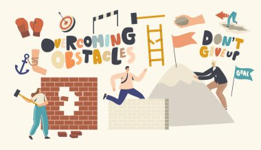Overcoming Obstacles Concept. Characters Seeking Success, Developing Skills, Climbing on Rock Peak, Jump Over Barriers clipart