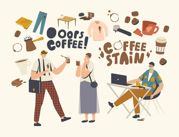 Männliche oder weibliche Charaktere verschütten Kaffee auf ihrer Kleidung und setzten Flecken. Ungeschicklichkeit, Unfall auf der Straße oder im Büro — Stockvektor