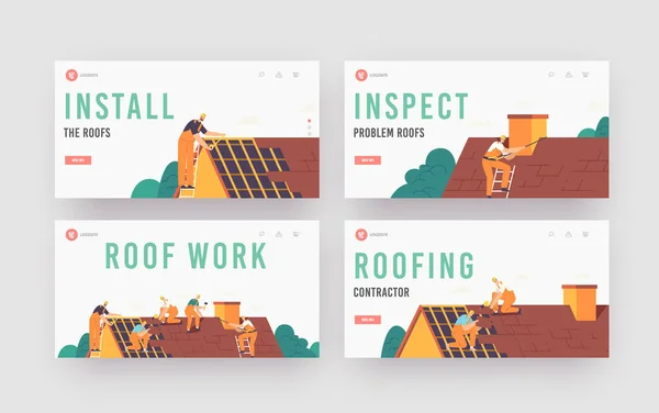 Roofer Men with Work Tools Landing Page Template Set. Roof Construction Workers Characters Conduct Roofing Works — Stock Vector