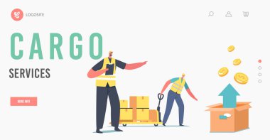 Kargo Servisi İniş Şablonu. İşçi Karakteri El Aracı, Kutular ve Ok Yukarı. Hava Taşımacılığı