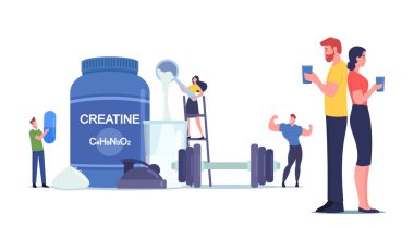 Küçük Karakterler Spor Salonunda Kreatine Eki ile Kokteyl İçiyor. Sportif Beslenme, Yaşam Tarzı. İnsanlar Kas Pompalıyor