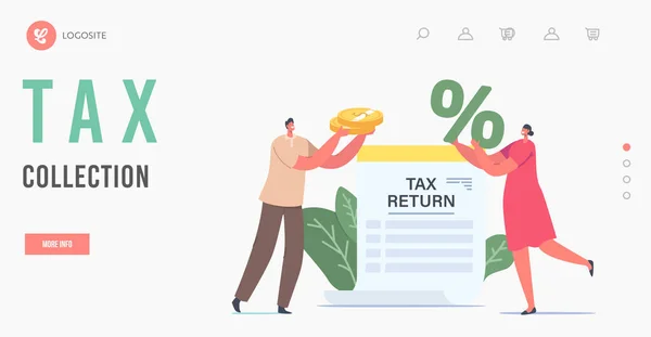 Template voor de landingspagina van de belastinginning. Kleine tekens Houd Enorme Gouden Munten en Procent Symbool op Tax Return Document — Stockvector