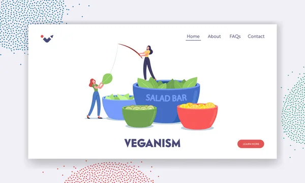 Veganizm İniş Sayfası Şablonu. Minik Karakterler, Vejetaryen Bar 'da salatayla Büyük Kupa' da duruyor. Sebze Yiyen İnsanlar — Stok Vektör