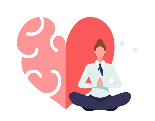 Meditar sobre el carácter femenino relajado en yoga Lotus Pose cerca de un enorme corazón separado en dos partes Sentimientos y cerebro Iq y Eq — Vector de stock