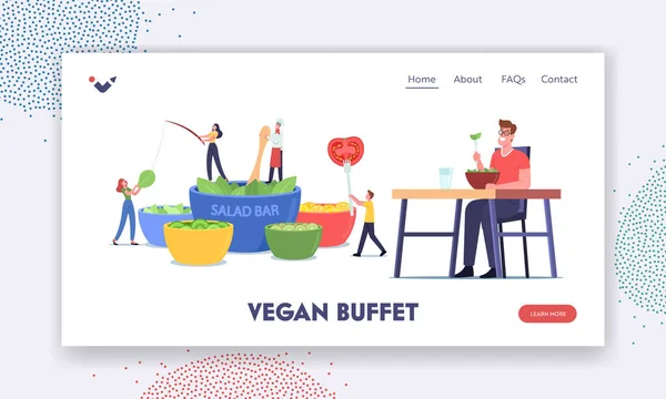 Tiny Characters Visit Salad Bar Landing Page Template. Люди едят овощи в веганском буфете. Здоровое питание, овощи — стоковый вектор