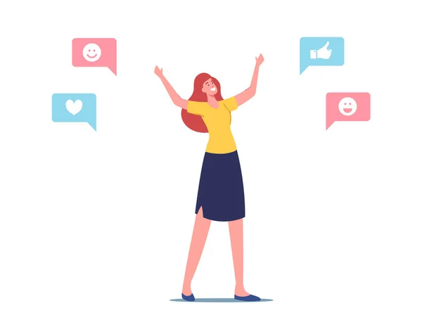 Empatía, concepto de inteligencia emocional. Carácter femenino alegre con iconos positivos de las redes sociales Comunicación — Vector de stock