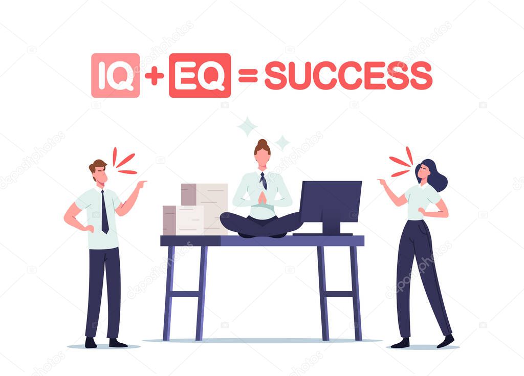 Iq and Eq Equal Success Concept. Office People Quarrel at Working Desk with Relaxed Businesswoman Sit in Meditation Pose