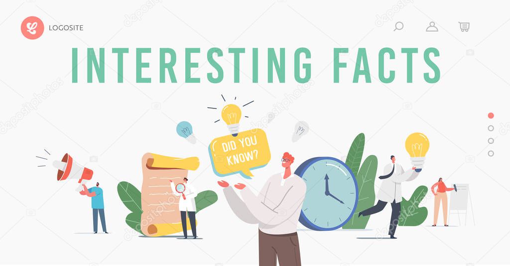Interesting Facts Landing Page Template. Did You Know Announcement. Tiny Characters with Loudspeaker and Light Bulb