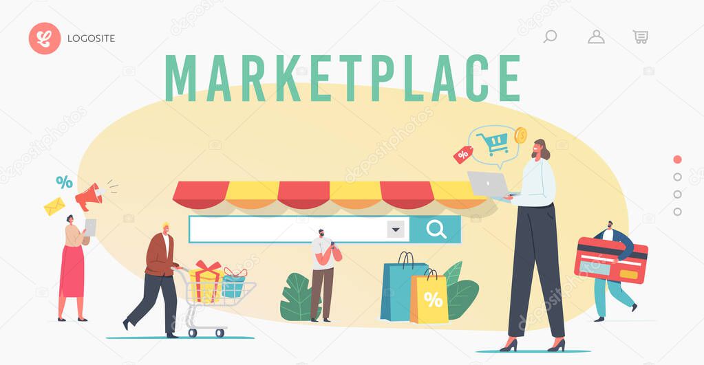 Marketplace Retail Business, Online Shopping Landing Page Template. Digital Shop App or Browser. Tiny Consultative Sales