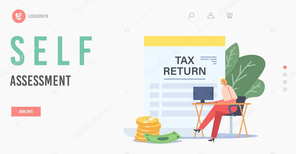 Self Assesstment, Tax Return Landing Page Template. Tiny Businesswoman Sitting at Desk with Computer near Huge Document