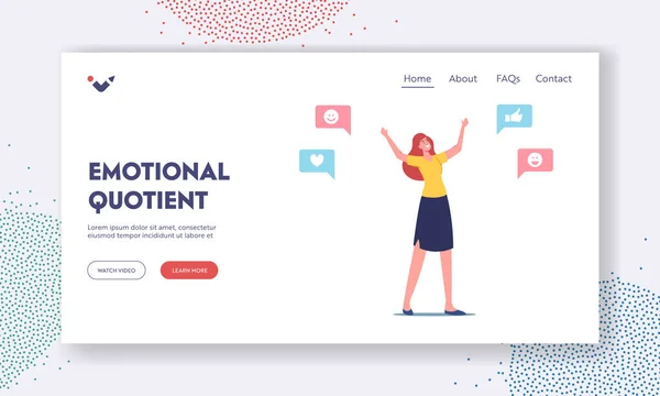 Емоційний інтелект Quotient Landing Page Template. Емпатія, Весела Жіноча Характер Позитивна Дружня Поведінка — стоковий вектор