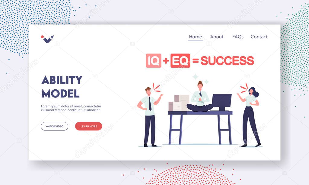 Iq and Eq Success Ability Model Landing Page Template. Office People Quarrel at Desk with Relaxed Businesswoman Meditate