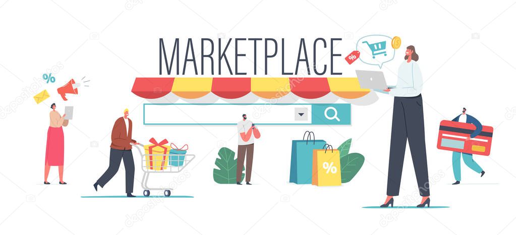 Marketplace Retail Business, Online Shopping Concept. Digital Shop Smartphone App or Pc Browser. Characters Use Mobile