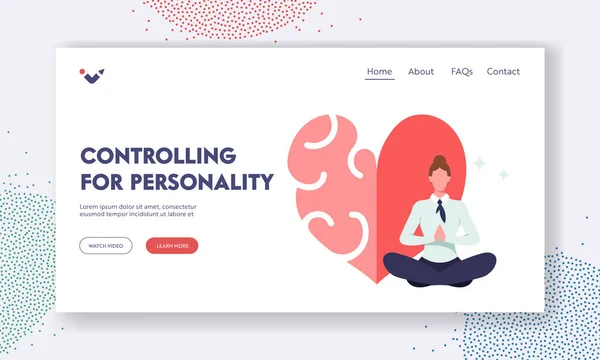 Iq and Eq Intelligence, Balance and Harmony Landing Page Template Розслаблені жіночі риси Роздумуйте біля великого серця — стоковий вектор