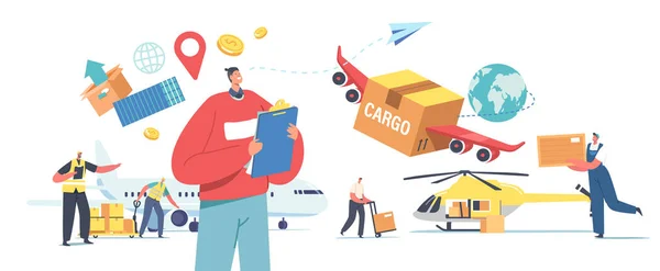 Air Cargo Transportation, Aircraft Logistics, Delivering Goods by Airplane, Helicopter or Drone. Characters Loading Boxes — Stock Vector