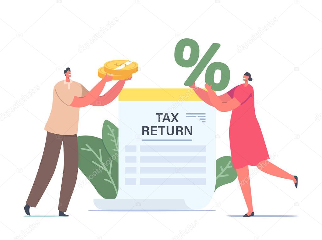 Tiny Male or Female Characters Holding Huge Golden Coins and Percent Symbol at Tax Return Paper Document, Money Cashflow