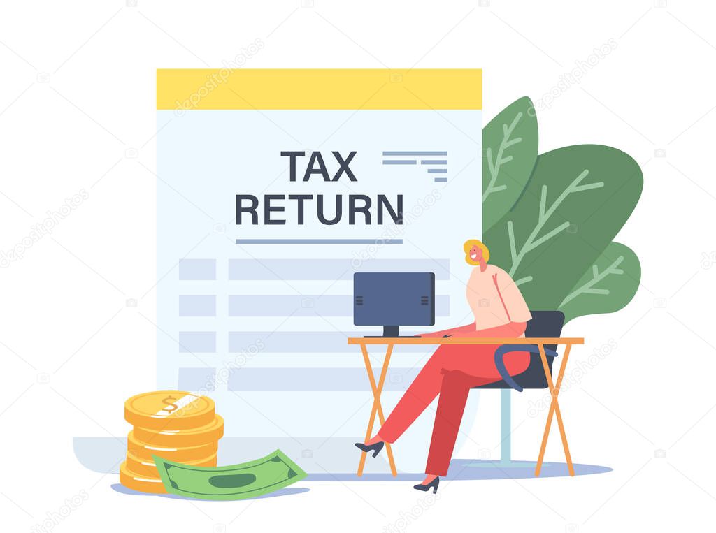 Tax Return Concept. Tiny Businesswoman Character Sitting at Workplace Desk with Computer near Huge Taxation Refund