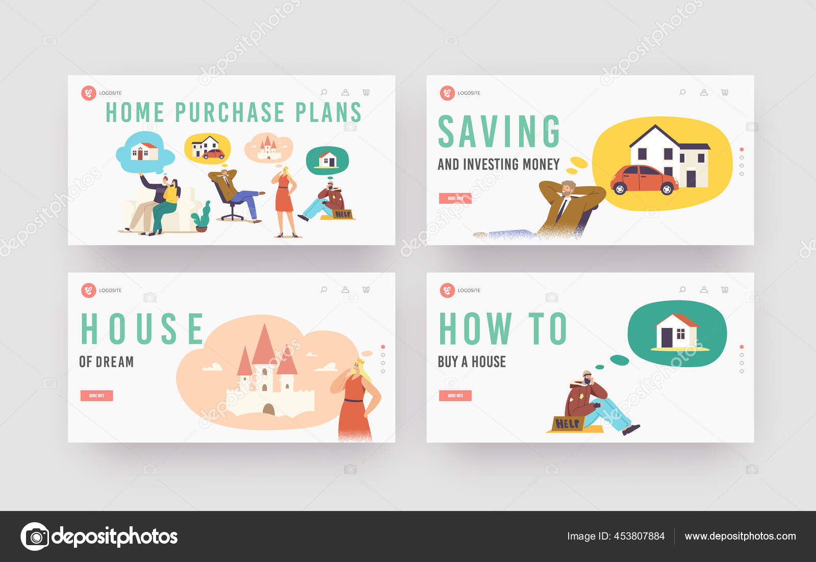 Inicio Planes De Compra Landing Page Template Set Personajes Sueno De Casa Personas Empresario Bum Pareja Casada Vector De Stock C Vectorlab 453807884