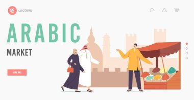 Arap Piyasa İniş Şablonu. Arap Elbiseli Kadın ve Erkek Karakterler Dükkanda Baharatlı Yürüyüş