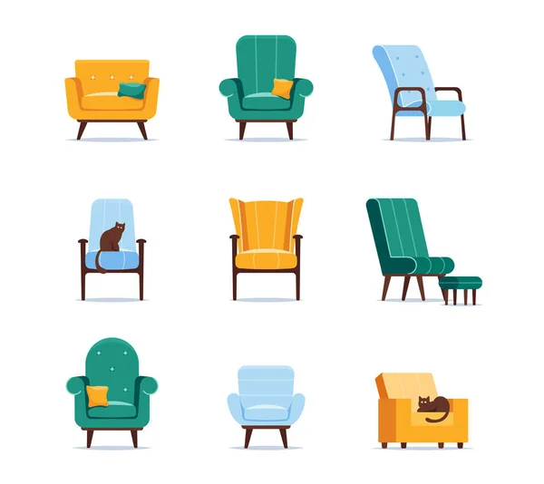 一套不同设计的图标扶手椅、格子钮扣、插销、扶手、木腿及软座 — 图库矢量图片