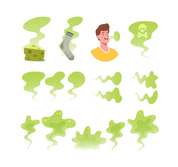 Ensemble d'icônes thème mauvaise odeur. Nuages toxiques verts, chaussette puante et morceau de fromage, homme avec un nuage respirant dégoûtant — Image vectorielle