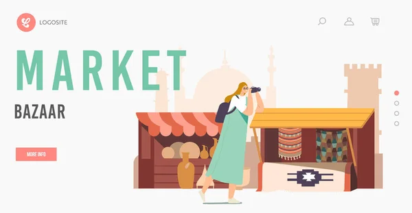 Arabic Bazaar Landing Page Sablon. Turisták Női karakter fényképezőgéppel Látogasson el az arab piacra Sétálva a Stalls — Stock Vector