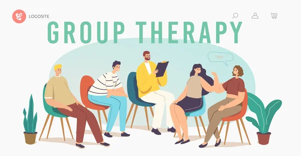 Groep Therapie verslaving behandeling landing pagina Template. Personages Counseling Psycholoog op Psychotherapeut Sessie — Stockvector