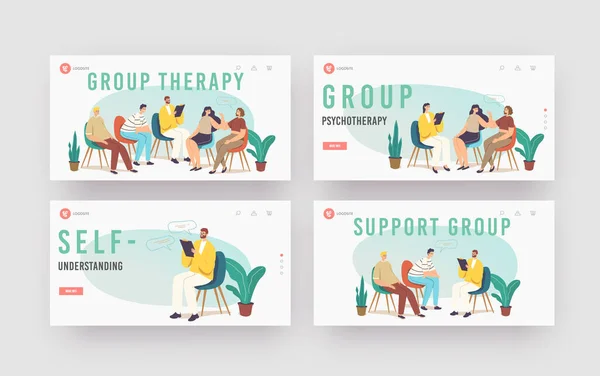 Groep Therapie behandeling landing pagina Template Set. Personages Counseling met Psycholoog over Psychotherapeut Sessie — Stockvector