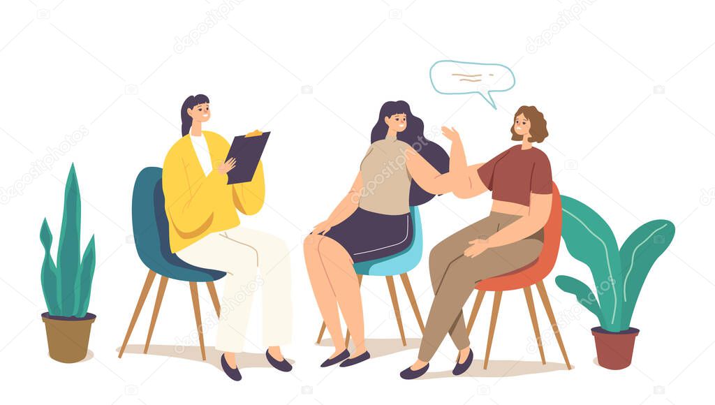 Group Therapy, Psychotherapeutic Meeting, Psychological Aid for Women. Female Characters Sit on Chairs in Circle Talking