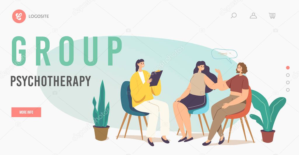 Group Therapy, Psychotherapeutic Meeting Landing Page Template. Psychological Aid for Women. Characters Sit in Circle