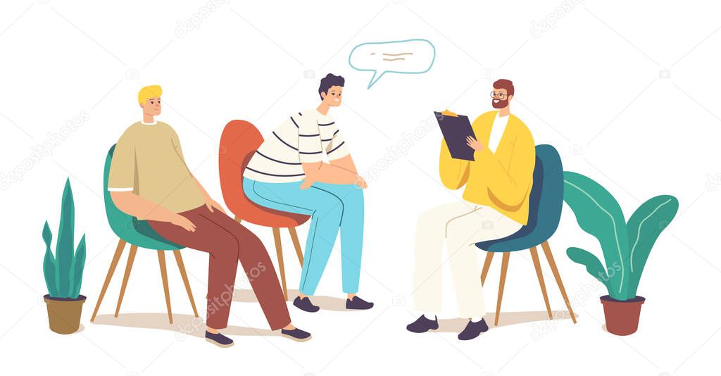 Group Therapy, Counseling, Psychology Help. Male Characters Suffering of Mental Problems Attending Psychological Support