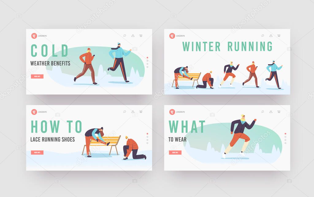 Characters Winter Running. Landing Page Template Set. Sport Jogging Competition. Athlete Sprinters Sportsmen and Sportswomen in Warm Clothes Run Race at Cold Season. Cartoon People Vector Illustration