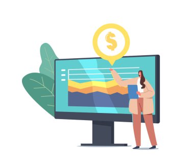 İş sunumu, toplantı ya da seminer. Dev Monitördeki Küçük İş kadını Karakteri Mali İzleme İstatistikleri