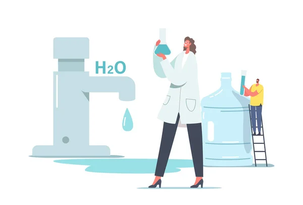 Sostanze chimiche nel concetto di acqua. Piccolo personaggio femminile scienziato in bianco cappotto di laboratorio tenere becher acqua di ricerca in laboratorio — Vettoriale Stock