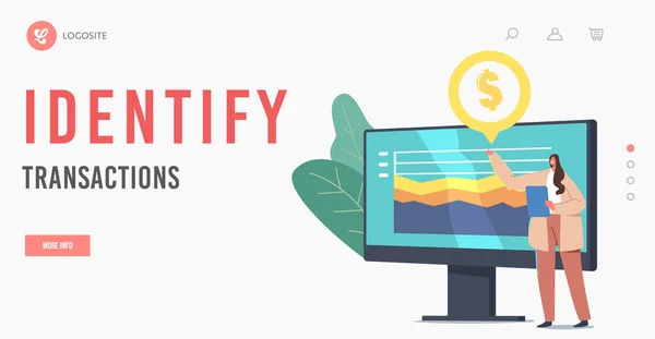 Modelo de página de desembarque de apresentação de negócios.Caráter de empresária minúscula Dê estatísticas de monitoramento financeiro no Monitor — Vetor de Stock